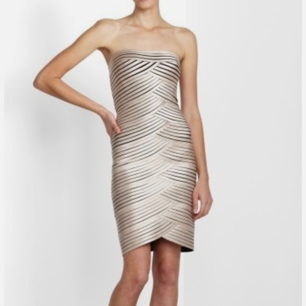 Bcbgmaxazria Champagne Satin Beverly Strapless Dress Size 2